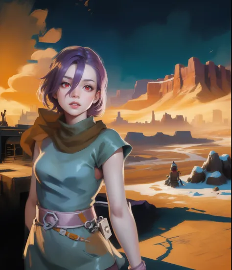 (tmasterpiece),The Official Art of Paints, splatter,Realistic desert sky ), ((Custom-made iron)), ((The girl is beautiful)), (((red-eyes))), ((purple short hair))  , (Successful pose) ,(((Wastelands and canyons in the background)))