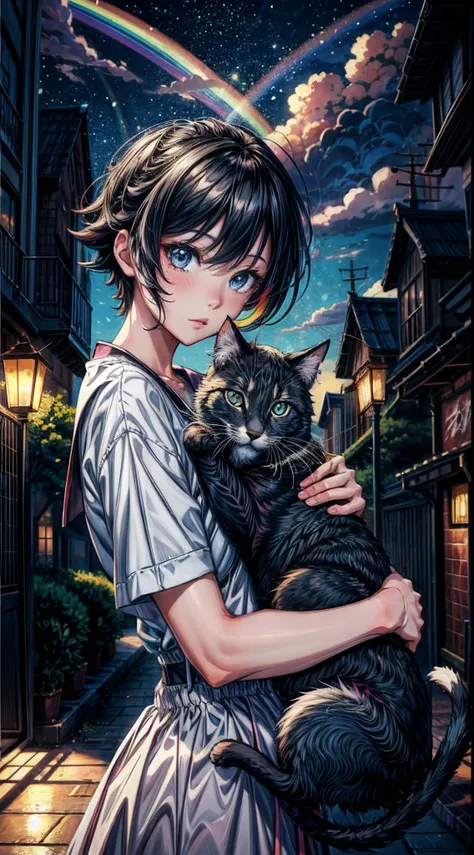 ((Rainbow Daytime Sky))、Anime girl cuddling a cat,Near Future City、 makoto shinkai cyril rolando, anime art wallpaper 4k, anime art wallpaper 4k, Anime art wallpaper 8k, inspired by Cyril Rolando, in the style dan mumford artwork, amazing wallpapers, by Yu...