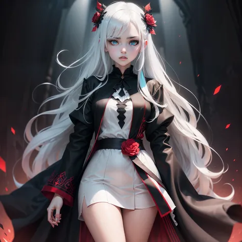 full bodyesbian，teens girl, Indifferent eyes，White color hair，Cyan eyes，high school senior，face expressionless， Awakened God-like power, conservativelydressed，intricate clothes, ((Black is the theme，Robe with red stripes))，Anime character design display dr...