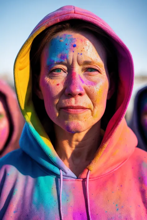 1 man and 1 woman, wearing hoodies, looking at viewer, holi color festival, portrait, hyper detailed  POV, by lee jeffries, nikon d850, film stock photograph ,4 kodak portra 400 ,camera f1.6 lens ,hyper realistic ,lifelike texture, dramatic lighting , cine...