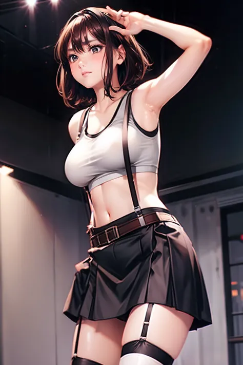 Black skirt, Tank Tops　suspenders, Brown hair Gray eyes, Garter belt on the legs, Tight clothes, 　　 a belt　Armpit sweat　　deadpan　large full breasts　short-cut