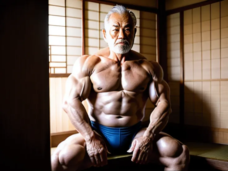 （male people），60 years old，Handsome old man，Samurai clothes，Strong build，No clothing，Reveal sexy panties，In old Japanese houses，On tatami，large bulge，legs are open，The crotch faces the camera，The camera is focused on the crotch，High fidelity，Sexy action，Ha...