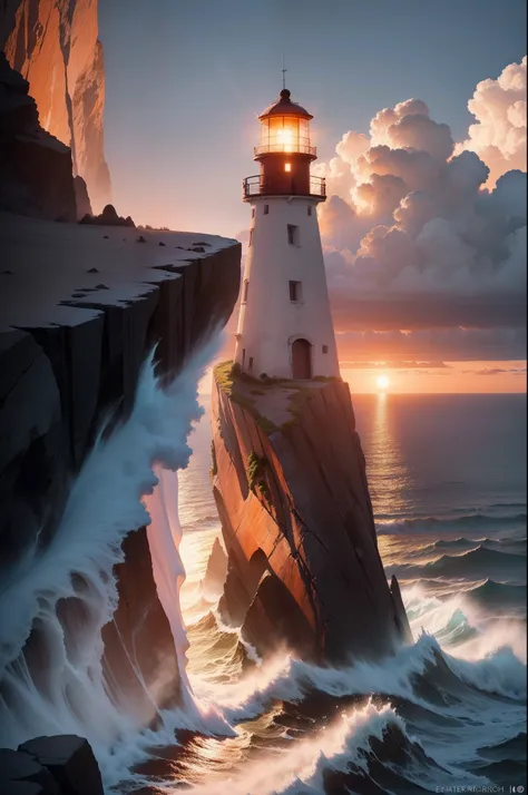 Sunset a lighthouse on steep rocks, Large blades breaking around the rock.  La mer en furie, The waves are raging, a foam with wide benches forming whitish streaks. Illuminated sunset warm shades of orange, de rose et de pourpre. vents fort (102 km/h on th...