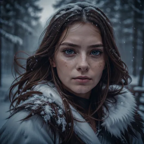 (raw photograph, masterpiece, uhd, 8k, shallow depth of field, colour graded, cold colours, low contrast, shallow black colour, narrow angle), a dynamic portrait of one female scandinavian warrior in fur armor during a blizzard, long shabby hair, (freckled...