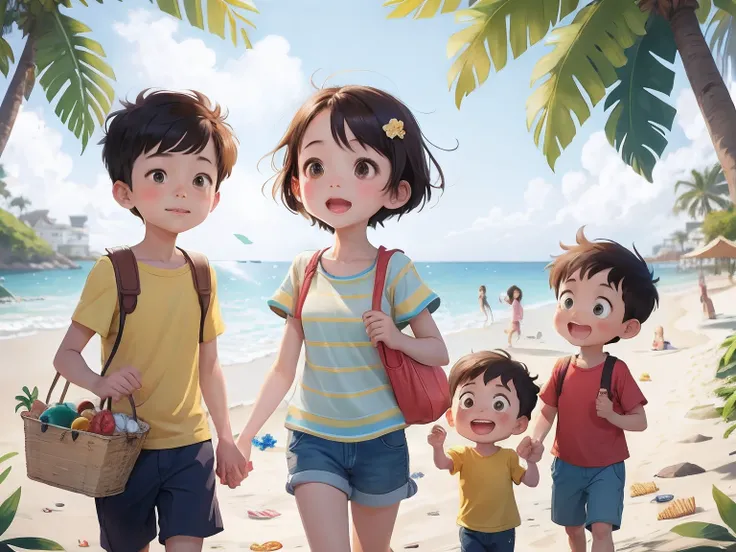 cartoon family walking on the beach with a child holding a basket, childrens is 7 years boy and 12 years girl. official illustration, cartoon style illustration, childrens art in artstation, by jeonseok lee, official art, happy family, by Yang J, official ...