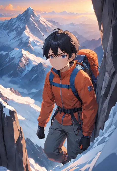 (((Very realistic skin details)))  (masutepiece, Highest quality), (Realistic, Photo_Realistic:1.9), ((photo shot))  Young climbers climb vertical mountain walls at dawn. in the background, Majestic snow-capped mountains々looks. The picture frame is moderat...