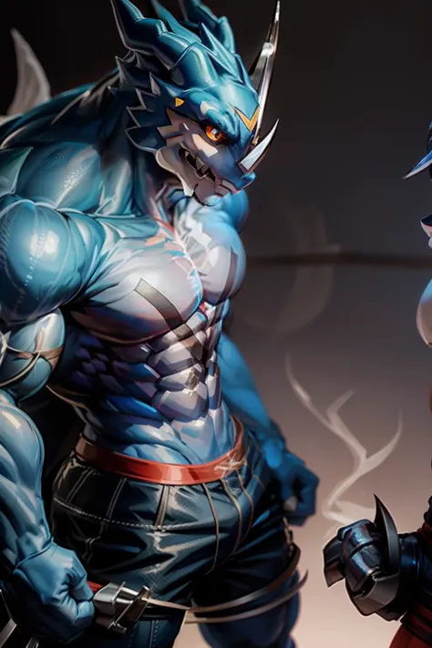 Veemon, digimon, muscular, anthro, male, shorts