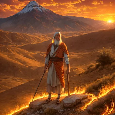 Moses before the burning full bush on Mount Horeb. Moses is an old man dressed as a shepherd. The bush is on bright, vibrant flames, but it is not consumed by fire. Moses looks with amazement and admiration at the bush. The surrounding environment is mount...