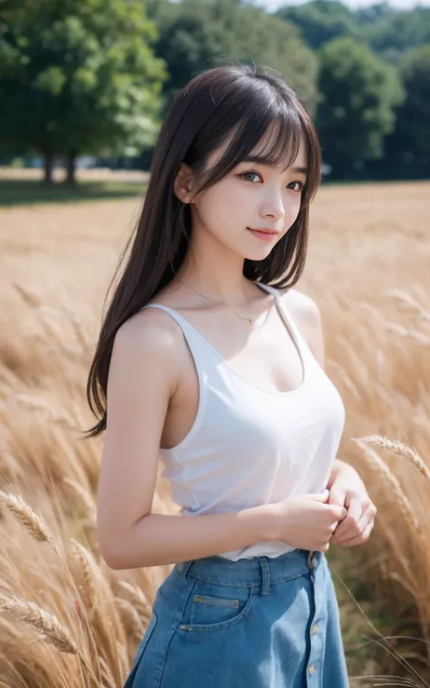 ((Best Quality, 8K, masutepiece: 1.3)), (Sharp Focus: 1.2), Rustic farm with rolling fields of golden wheat, 1 girl, Full body, Put your hands behind your back, stunning elegant pose，Neat and clean beauty, 20 years old, Half Japan and half American, Lookin...