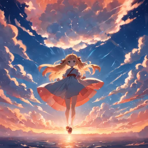 tmasterpiece，best qualtiy，cinematic Film still from，1boy，Cloud Girl，Floating in the sky，closeup cleavage，brightly，cheerfulness，Warm and soft lighting，the sunset，（spark of light：0.7）