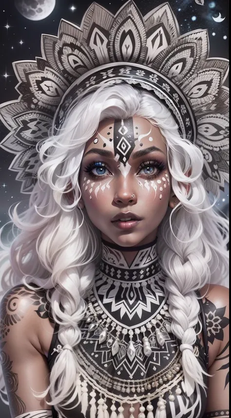 colouring book page, black and white, 32k, full body view, very beautiful tribal brown skin girl with excessive intricately detailed vivdly black and white facepaint bodypaint makeup, stunning radiant eyes, gorgeous white hair with highlights, magical nigh...