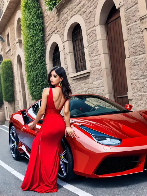 Beutiful woman in red long dress and blue Ferrari 488 Spider --auto --s2