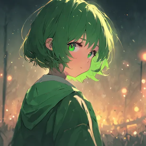 Girl with short green hair，Preppy style，adolable，With a knife