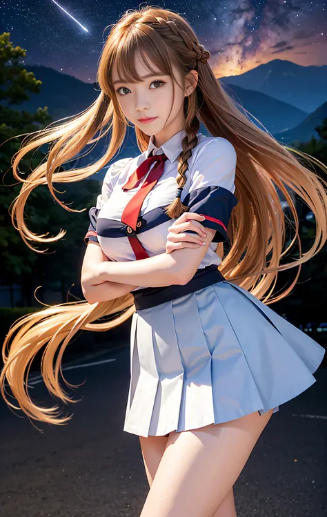 RAW image quality, 1girl in, Asuna_(stele), bangss, , mid night, red blush, espadrilles, Braids, Japan School Uniforms, breastsout, brown_Eyes, Closed_Mouth, ​​clouds, Hair fluttering in the wind, natta, starrysky, milkyway, chee, crosswalk, hair_Bland_Eye...