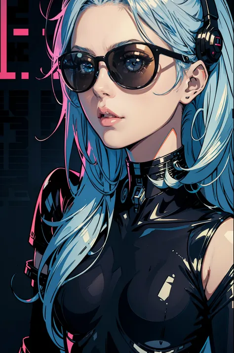 A cybernetic girl smoking a cigarette, messy hair, sunglasses, (wallpaper:1.2), (2d illustration:1.2), (1girl:1.3), ((plain background)), night