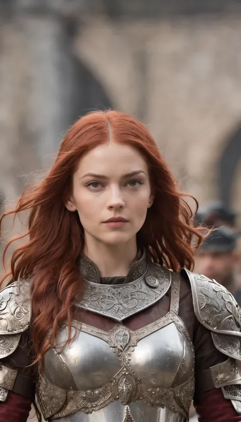 Woman in red hair armor standing in front of an army, menina na armadura do cavaleiro, Rainha ruiva em armadura vermelha pesada, Poots Imogen como um paladino, female redhead templar, de uma bela cavaleiro feminina, Poots Imogen como Paladino Santo, cavale...