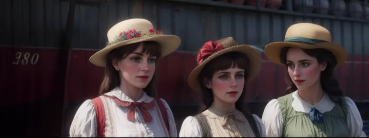 Three women in period clothes from the 1900s stand in front of a ship, vestindo trapos vitorianos, ambos vestindo roupas vitorianas, colorido 1 9 0 4 foto, wearing 1890s era clothes, colorido, Rosetti e Monet, 4K foto autochrome, cena de supplizia, colorid...