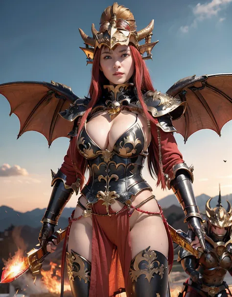 Professional , ​masterpiece、top-quality、photos realistic , depth of fields 、（Dragon Red Metal Body:1.９),(Enamel Red、（cleavage of the breast）、Dragon Gold Weapon、（Red Micro Bikini Armor:1.４),Gorgeous gold weapons ,（（ Dragons dense and gorgeous sword）） , （dem...