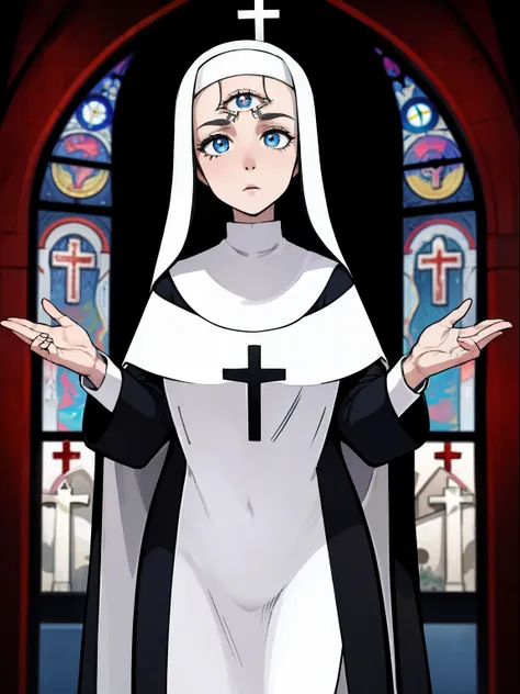 1girl,solo,blue eyes,demonic third eye,white hairs,nun,church