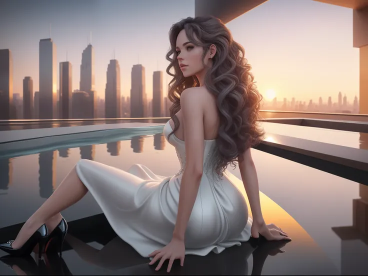 a picture of a woman sitting in an infinity pool on top of roof in a modern city, watching sunset over the city, sun being reflected in the water a view from the rear, long hair, wavy hair, dynamic hair color, wearing elegant dress, wearing high heels ultr...