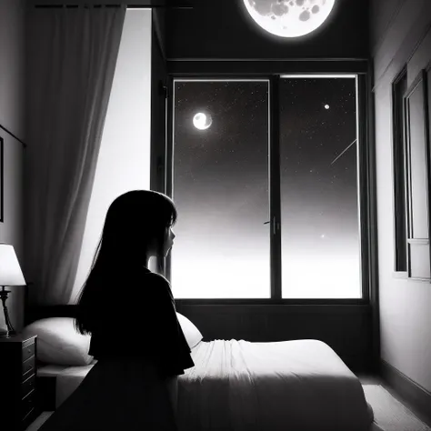 mid night、Woman in silhouette、Bedroom with open window、Looking at the moon、Quality、Solitude、black-and-white