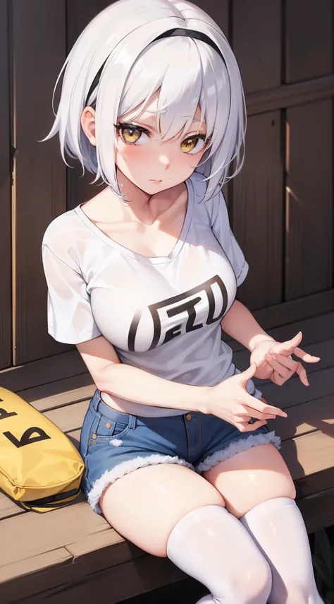 1girl, loli, young, Huge breast, Slim body, White short hair, yellow eyes, Tee-shirt, Blue jean shorts, white thighhighs, white headband, embarssed face, flushed, sitting criss crossed on floor,