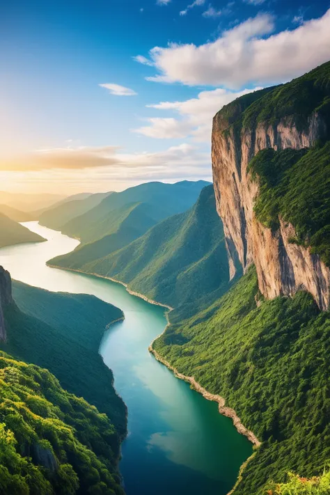 Masterpiece, ultimate quality, Cg unity 8k wallpaper, super delicate, beautiful sky and clouds, rich natural scenery, cliffs, lakes and rivers, waterfalls and flying water, beautiful green mountains, no trace of people, excellent scenery, has already won a...