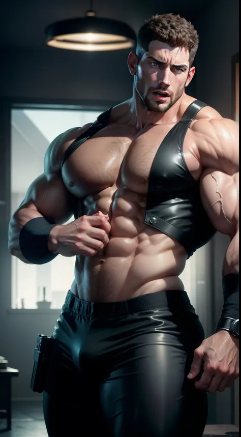 (male people)，Chris Redfield，vast pecs，Wide shoulders，Thick upper body，Big buttocks，Huge crotch bulge，Skinny sheer briefs，No chest covering，Bare from ankles to thighs，Cortical collar，Indecent expressions，Indecent pose，Naughty face, Drooling, Moaning, Open ...