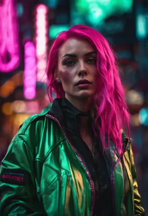 Girl, blowing a pink bubblegum slim body, sexy, cyberpunk spray paint alley, wearing green suit jacket, tied long dark pink hair,((Best Quality)), ((Masterpiece)), ((Realistic)) and ultra-detailed photography of a 1girl with goth and neon colors. She has (...