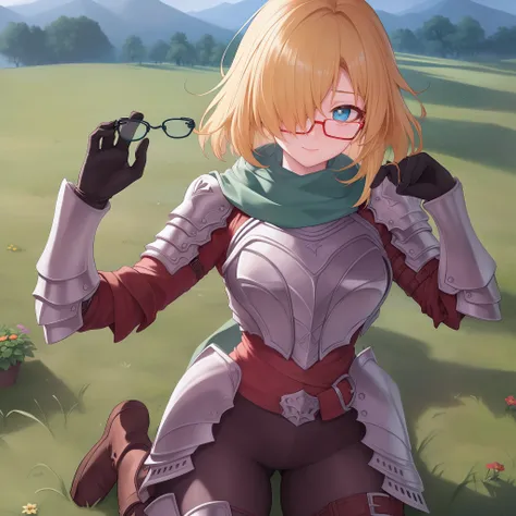 (({{masterpiece,best quality,ultra-detailed}}))  1girl, grass field,flower,wariza,looking at viewer,blonde short hair, armor, re...