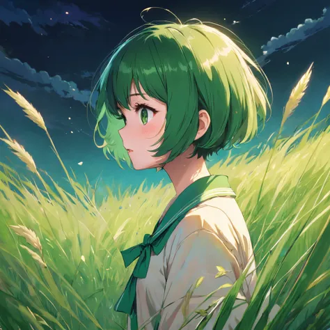 Grass green short hair girl，Preppy style，Sunny and lively