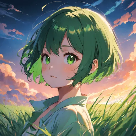 Grass green short hair girl，Preppy style，Sunny and lively