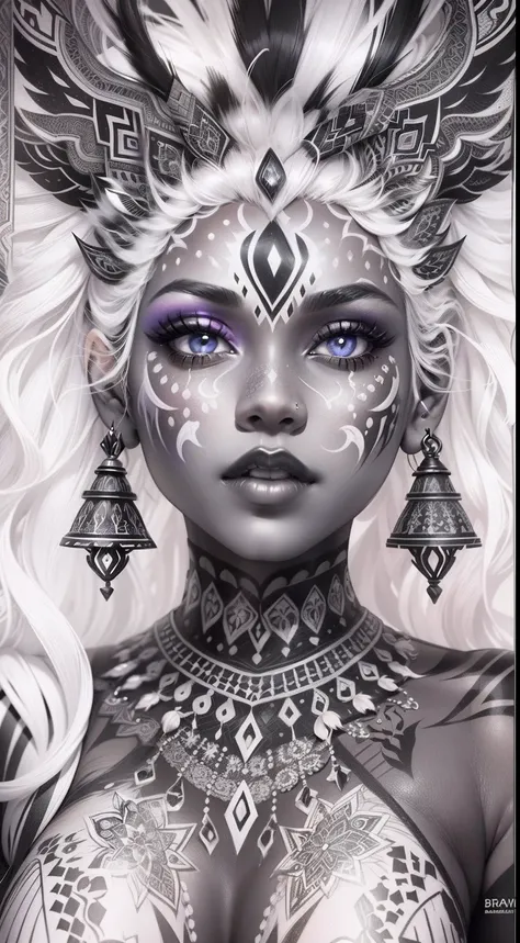 colouring book page, black and white, 32k, full body view, very beautiful tribal brown skin girl with excessive intricately detailed vivdly black and white facepaint bodypaint makeup, stunning radiant eyes, gorgeous white hair with highlights, magical nigh...