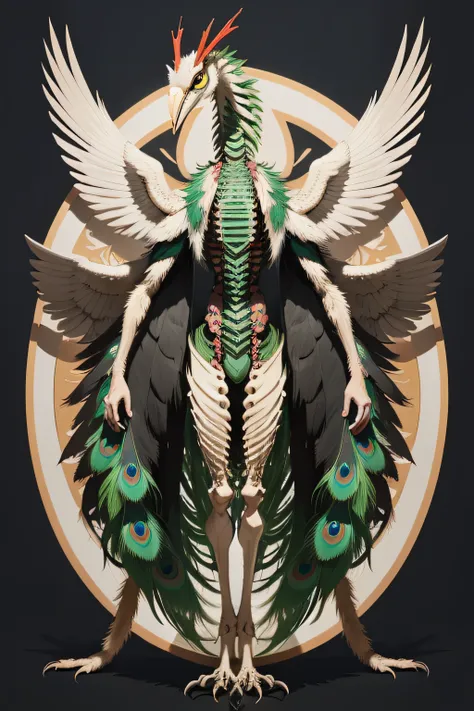 A giant praying mantis，With wolf legs，Peacock feathers，The spine of the fish，The beak of an eagle，The ribs gradually heal to form bone plates