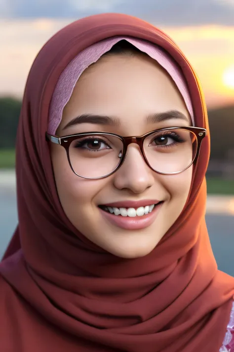 ultra realistic,16k,enhanced quality,perfect face,perfecthands,perfect body,ultra detailed,1girl,perfect hair,girl wearing glasess,perfect glasses,perfectsmile with braces,ultra realistic portrait:1.2,ultra realistic background,ultra realistic sunset, ultr...