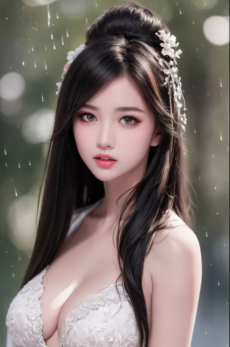 ((Best Quality, 8k, Masterpiece: 1.3)), Focus: 1.2, Perfect Body Beauty: 1.4, Buttocks: 1.2, ((Layered Haircut)), (Wet Clothes: 1.1), (Rain, Street:1.3), (Breasts: 1.2), (Hanfu: 1.2), Bare Shoulders, Bare Legs, Highly Detailed Face and Skin Texture, Fine E...