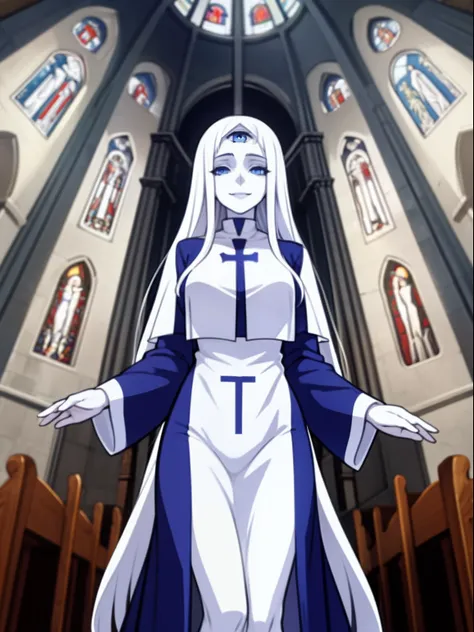 1girl,solo,blue eyes,demonic third eye,white hairs,long hairs, breasts ,pale skin, priest,smile, church