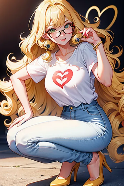 Tall girl, straight nose, heart-shaped mouth, curly blonde hair, white shirt, jeans, glasses, yellow skin, high heels,