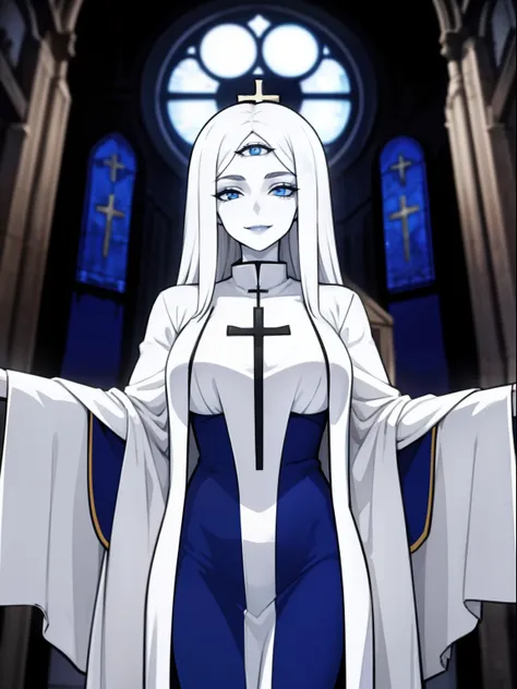 1girl,solo,blue eyes,demonic third eye,white hairs,long hairs, breasts ,pale skin, priest,smile, church