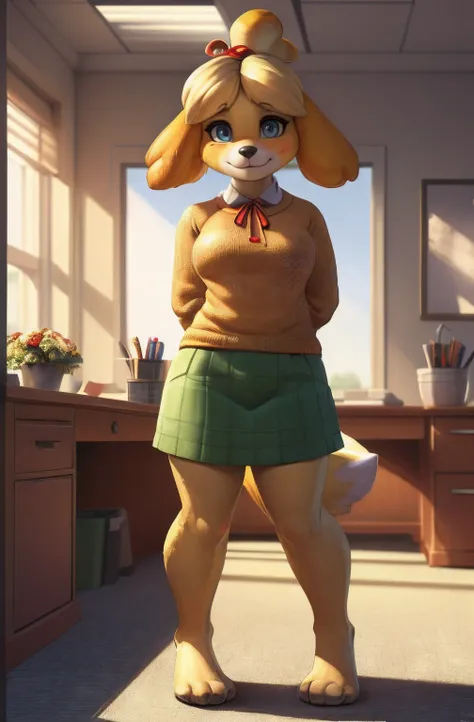 [isaCrossing], [Isabelle; Animal Crossing], [Uploaded to e621.net; (Pixelsketcher), (wamudraws)], ((masterpiece)), ((solo portrait)), ((front view)), ((feet visible)), ((furry; anthro)), ((detailed fur)), ((detailed shading)), ((beautiful render art)), {an...