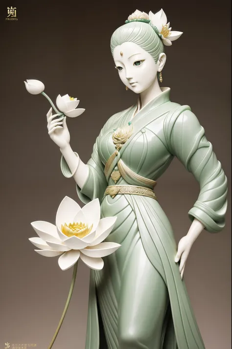 Statue of a woman holding a lotus leaf, by Russell Dongjun Lu, james jean and wlop, porcelain sculpture, pop japonisme 3 d ultra detailed, highly detailed sculpture, inspired by Fei Danxu, jade sculpture,