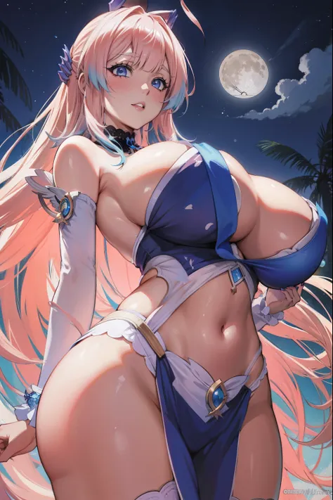 Chica de anime con cabello rosa y bikini azul posando frente a una luna llena, Diosa del anime, Artgerm extremadamente detallado, Tendencias en ArtStation Pixiv, seductora chica de anime, ! dream artgerm, OPPAI, Diosa de la Luna, pixiv 3dcg, Arte detallado...