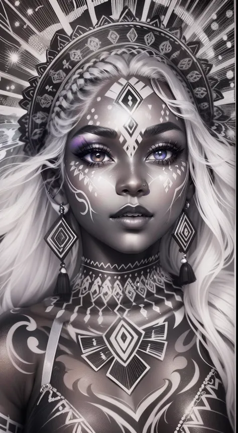 colouring book page, black and white, 32k, full body view, very beautiful tribal brown skin girl with excessive intricately detailed vivdly black and white facepaint bodypaint makeup, stunning radiant eyes, gorgeous white hair with highlights, magical nigh...