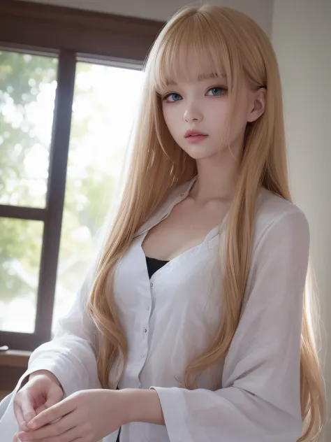 The most beautiful blonde hair in the world、beautiful bangs、Super Long Straight Hair、Crystal clear ocean blue eyes，Like a gem、Clear white wet dressing gown、European youth、perfect bodies、ultimate beauty girl、Beautiful 17 years old、White shiny skin、face perf...