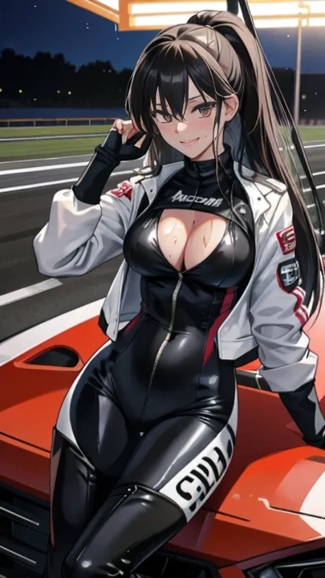 masterpiece,(ultra-detailed),1girl,drenched all over the body, car,  Sweating profusely，Liquid dripping，racecar, circuit,   black bodysuit, cropped jacket, white jacket,Smile long sleeves, two-tone gloves, thigh boots,The belly is exposed，large bust，Large ...