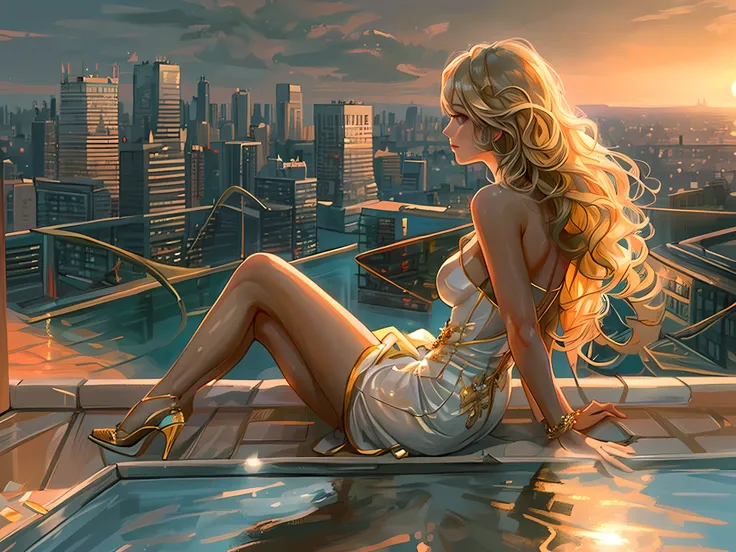 an illustration of a woman sitting in an infinity pool on top of roof in a modern city, watching sunset over the city, sun being...