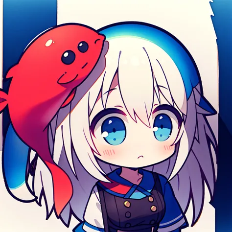 fish on the head, solo, 1 girl, looking at viewer, upright, concept art, white background, simple background, white hair, gradient hair, short sleeves, watercolor pencil, expressionless, blush, virtual youtuber