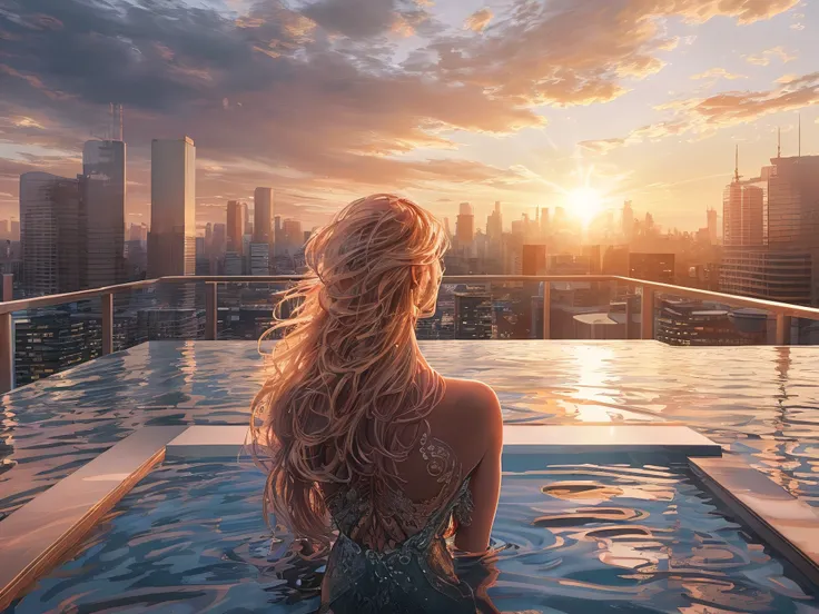 a picture of a woman sitting in an infinity pool on top of roof in a modern city, watching sunset over the city, sun being reflected in the water a view from the rear, long hair, wavy hair, blond hair, ultra feminine, beat detailed face, wearing elegant dr...