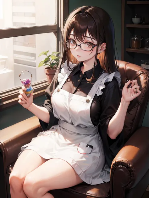 1人の女性、brown haired(Curta)、Brown eyes、Black-rimmed glasses、Ring piercing of the earlobe、Seductive、Naked apron