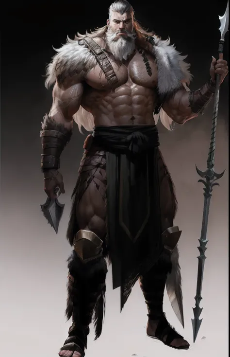 a drawing of a man with a spear and a beard, full body concept, detailed full body concept, concept art of a warrior, male barbarian, beautiful full body concept art, complex fantasy character, detailed full body concept art , muscular character, character...